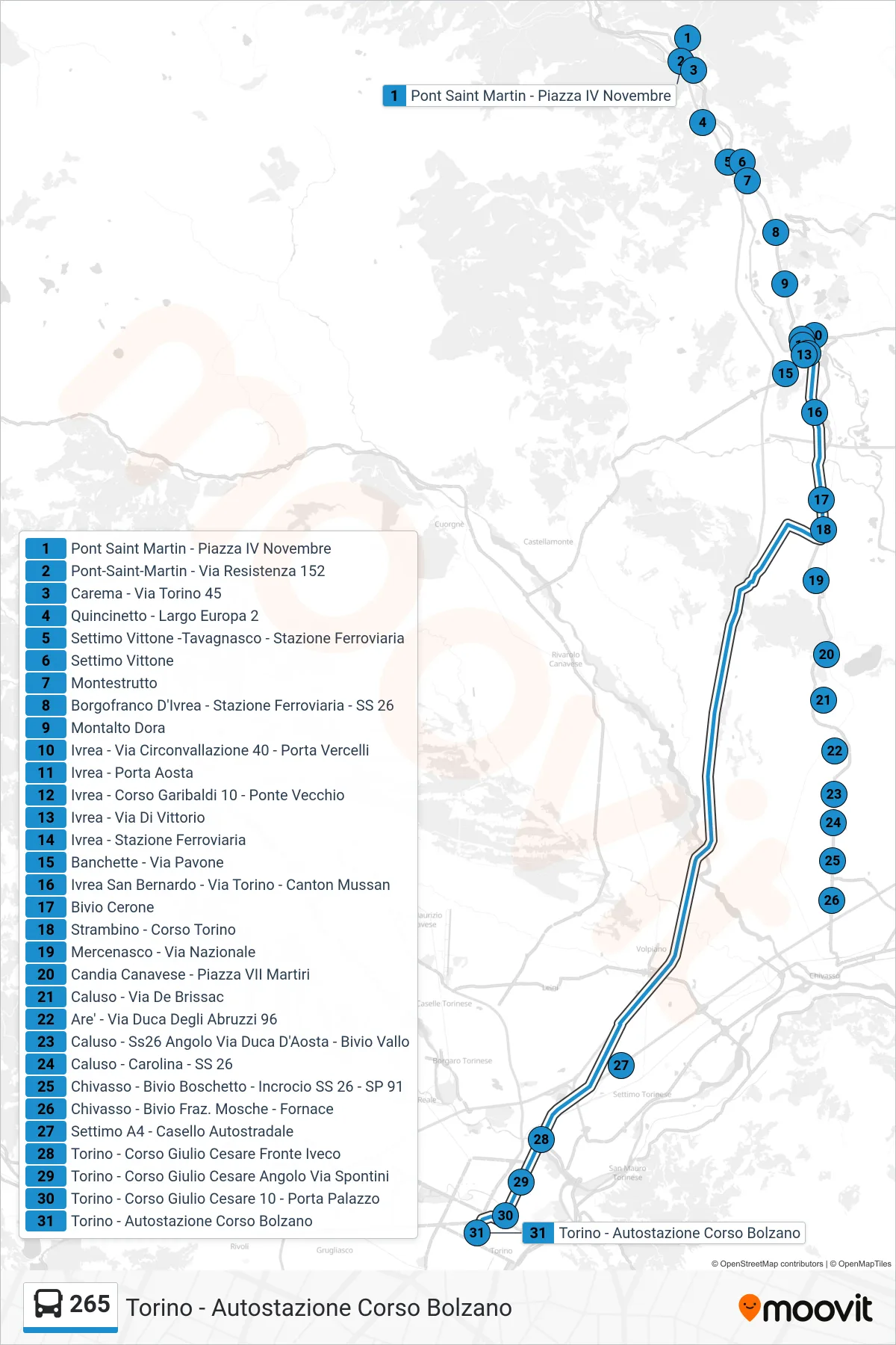 Linea 265 bus (Torino - Autostazione Corso Bolzano) - Percorsi e fermate sulla mappa