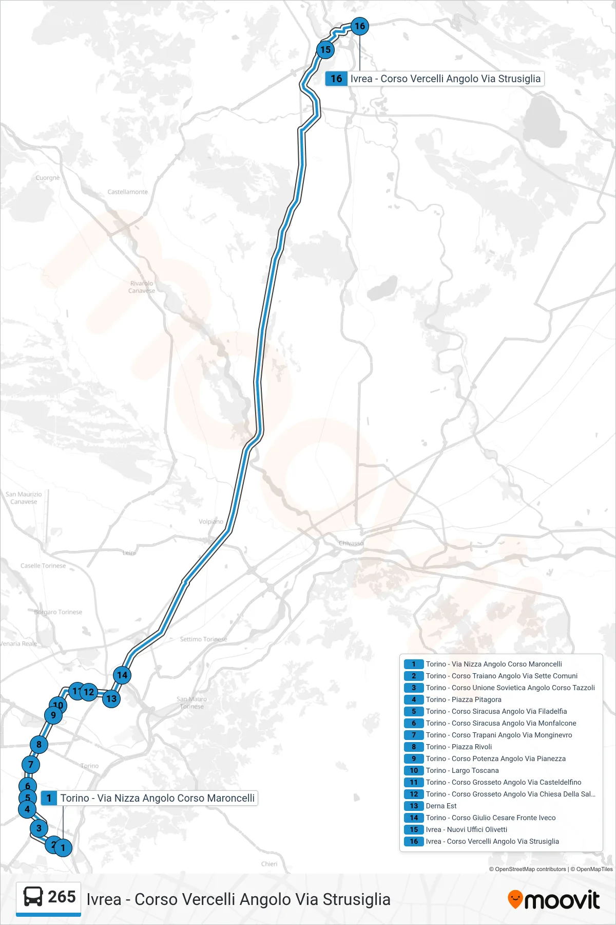 Linea 265 bus (Ivrea - Corso Vercelli Angolo Via Strusiglia) - Percorsi e fermate sulla mappa