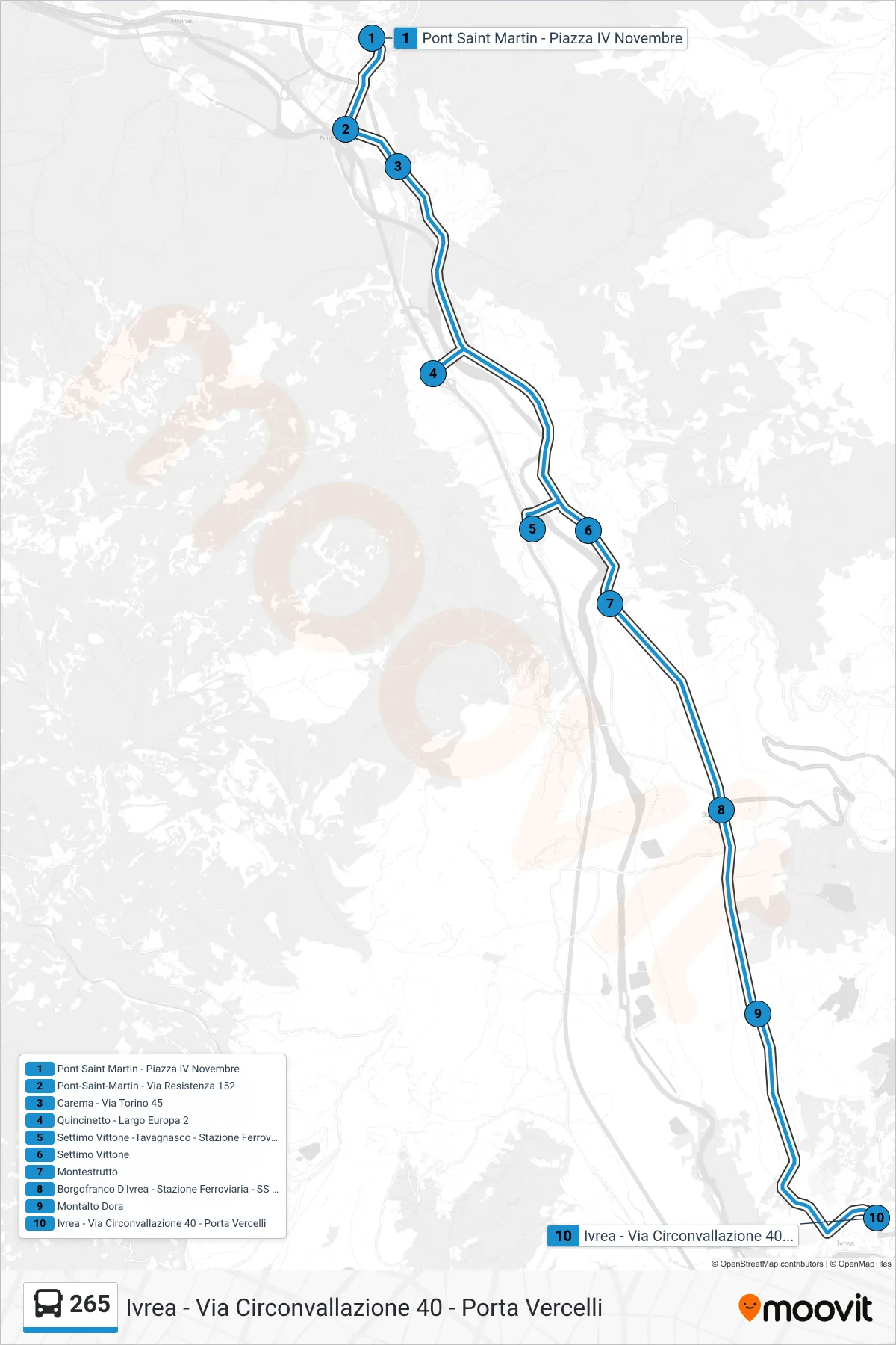 Linea 265 bus (Ivrea - Via Circonvallazione 40 - Porta Vercelli) - Percorsi e fermate sulla mappa
