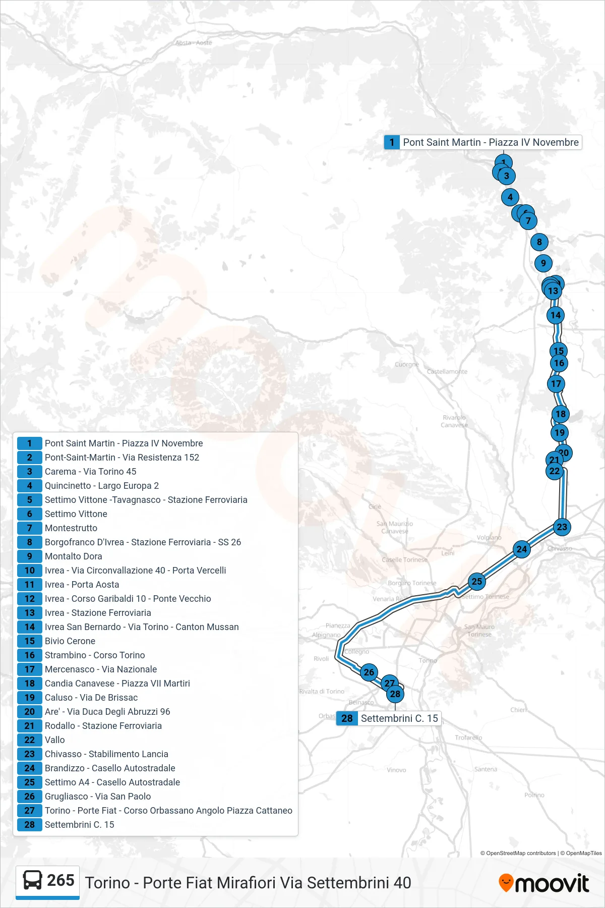 Linea 265  bus (Torino - Porte Fiat Mirafiori Via Settembrini  40) - Percorsi e fermate sulla mappa