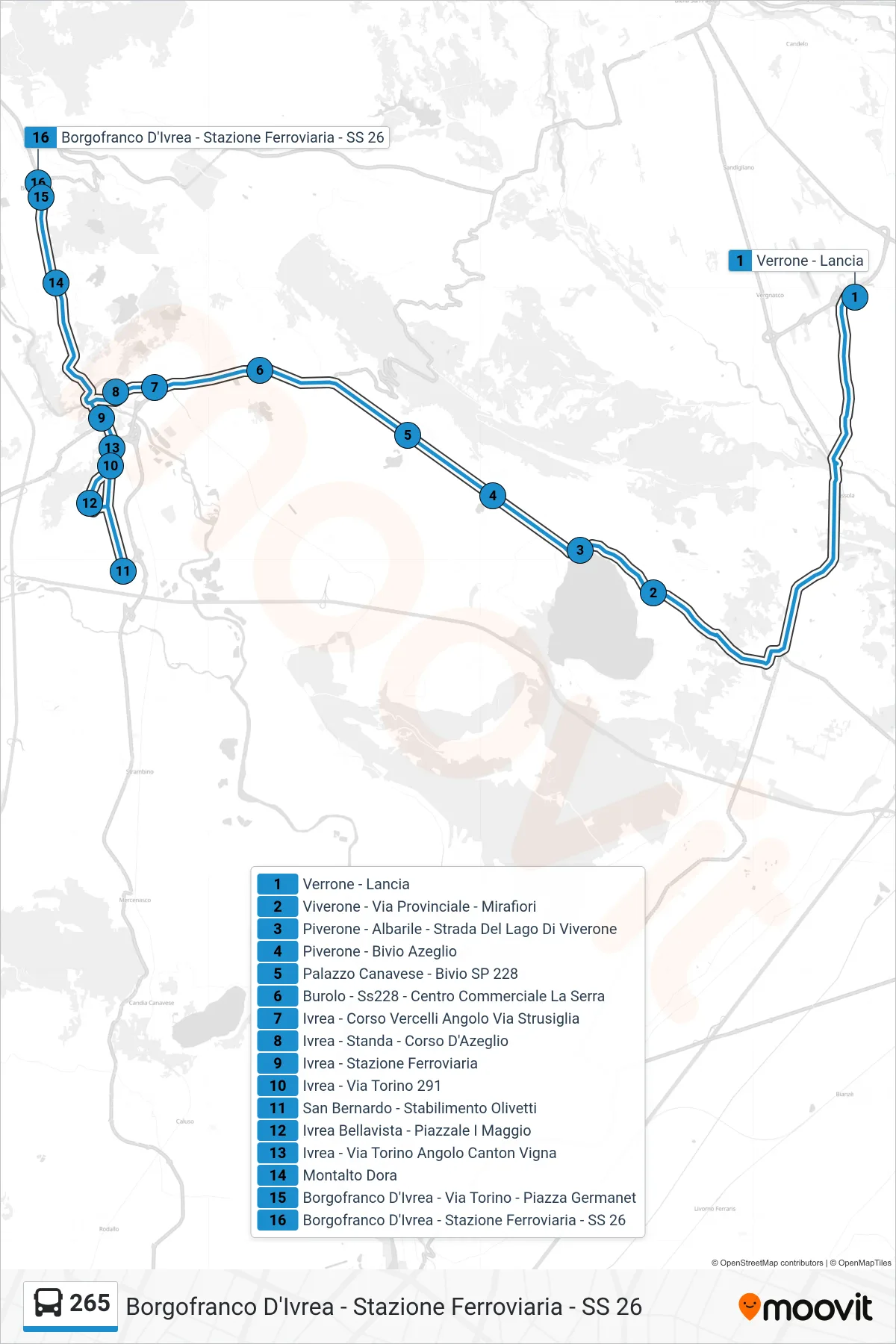 Linea 265  bus (Borgofranco D'Ivrea - Stazione Ferroviaria - SS 26) - Percorsi e fermate sulla mappa