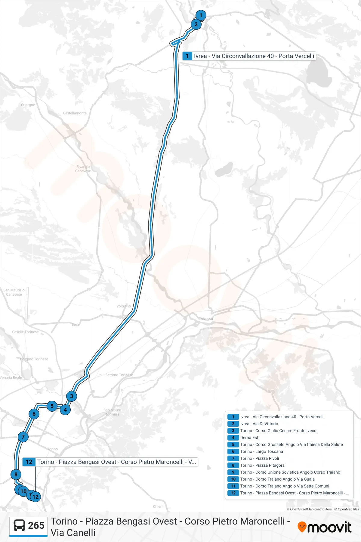 Linea 265 bus (Torino - Piazza Bengasi Ovest - Corso Pietro Maroncelli - Via Canelli) - Percorsi e fermate sulla mappa