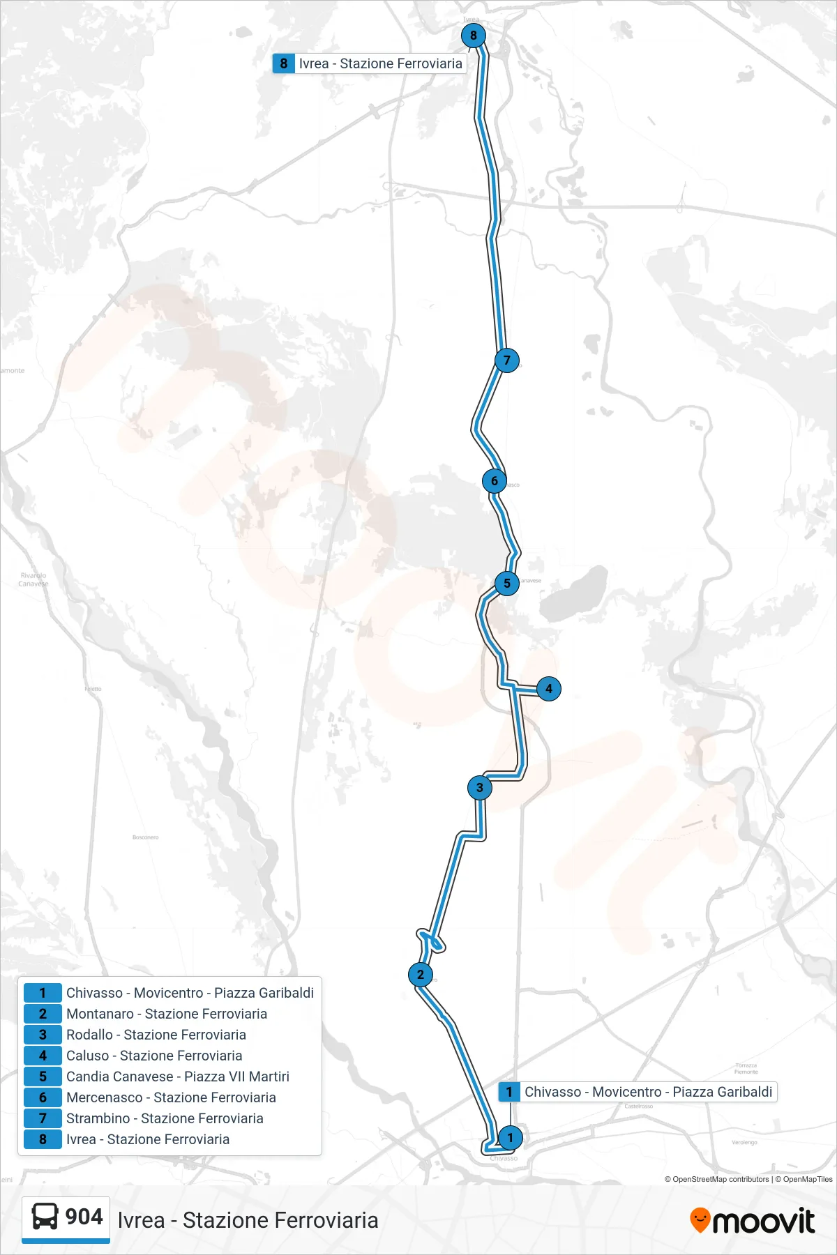 Linea 904 bus (Ivrea - Stazione Ferroviaria) - Percorsi e fermate sulla mappa