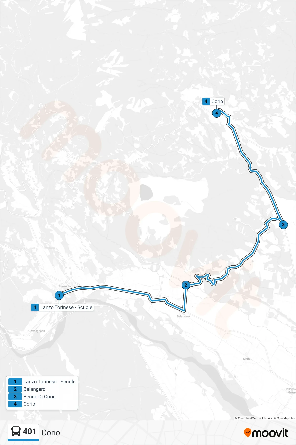 Linea 401  bus (Corio) - Percorsi e fermate sulla mappa