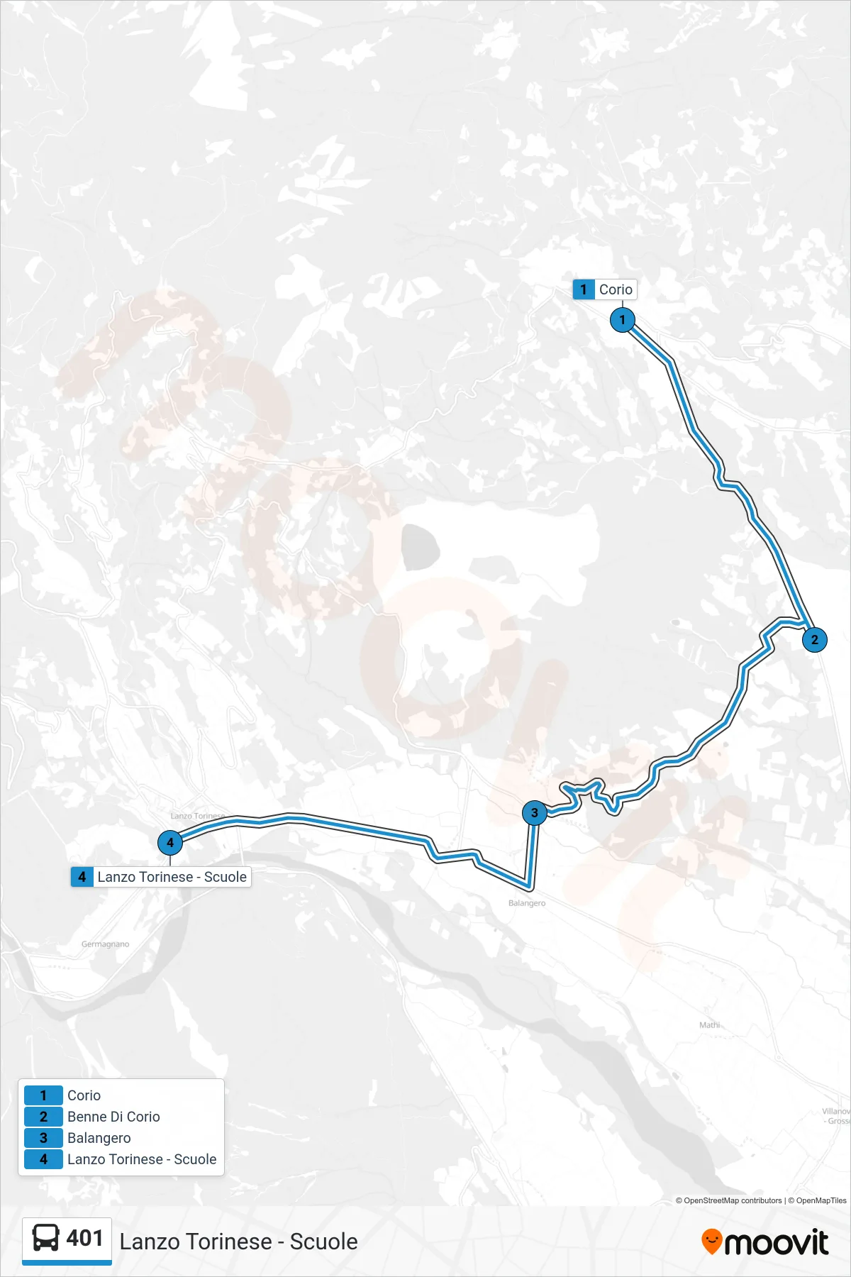 Linea 401 bus (Lanzo Torinese - Scuole) - Percorsi e fermate sulla mappa