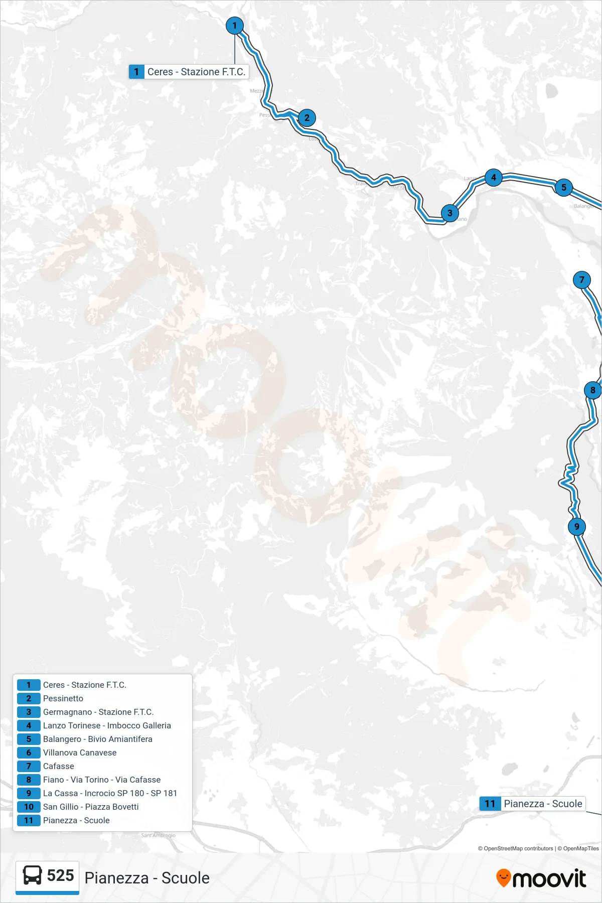 Linea 525 bus (Pianezza - Scuole) - Percorsi e fermate sulla mappa