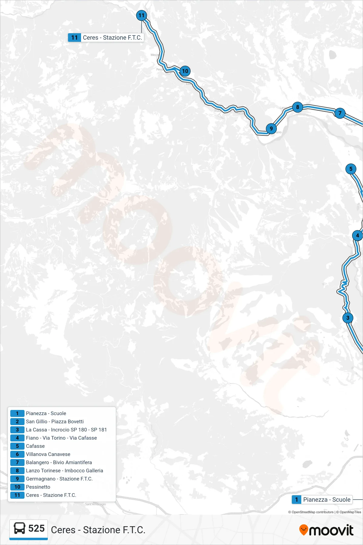 Linea 525  bus (Ceres - Stazione F.T.C.) - Percorsi e fermate sulla mappa