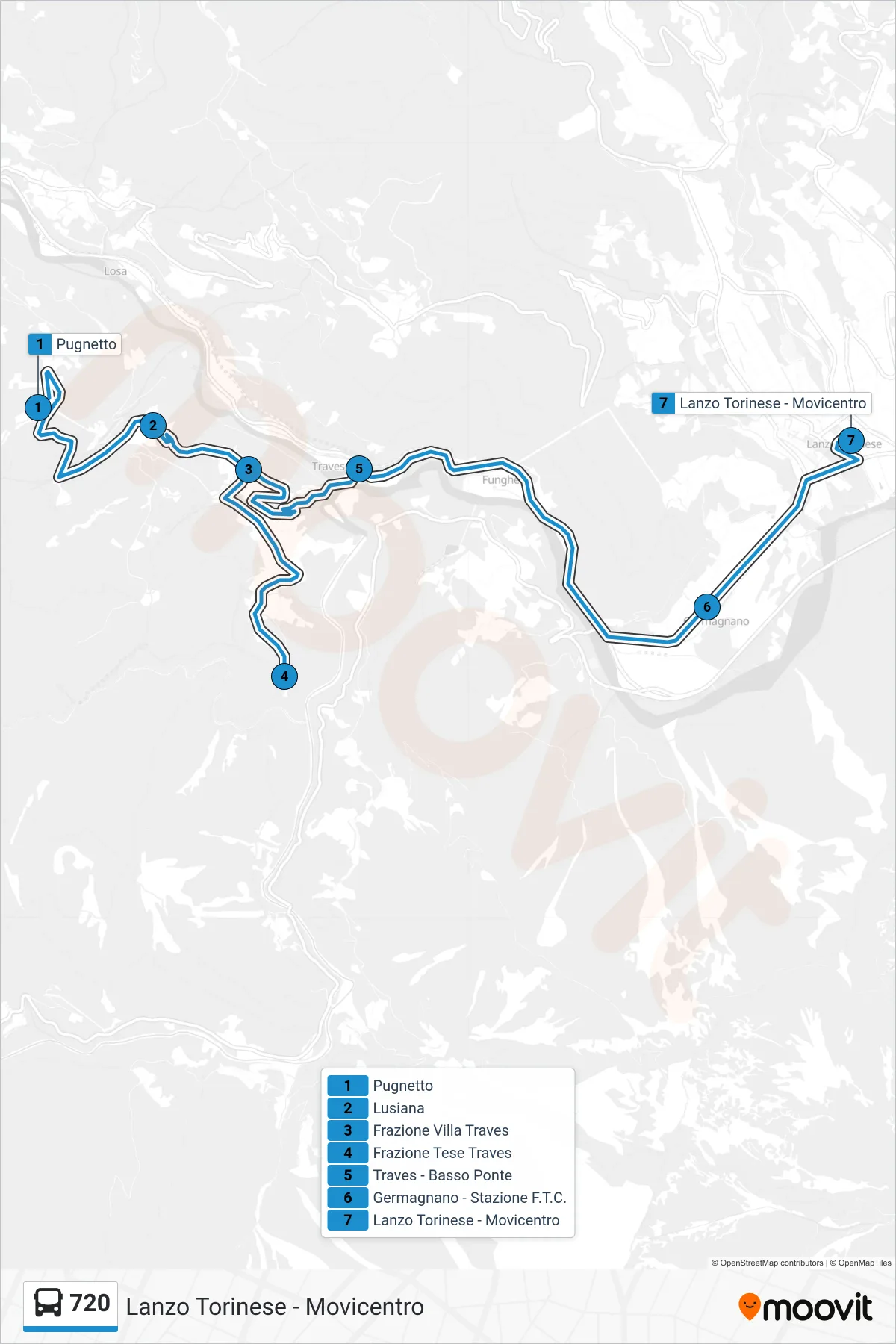 Linea 720 bus (Lanzo Torinese - Movicentro) - Percorsi e fermate sulla mappa