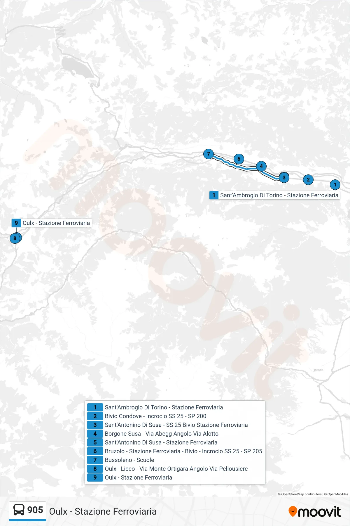 Linea 905 bus (Oulx - Stazione Ferroviaria) - Percorsi e fermate sulla mappa