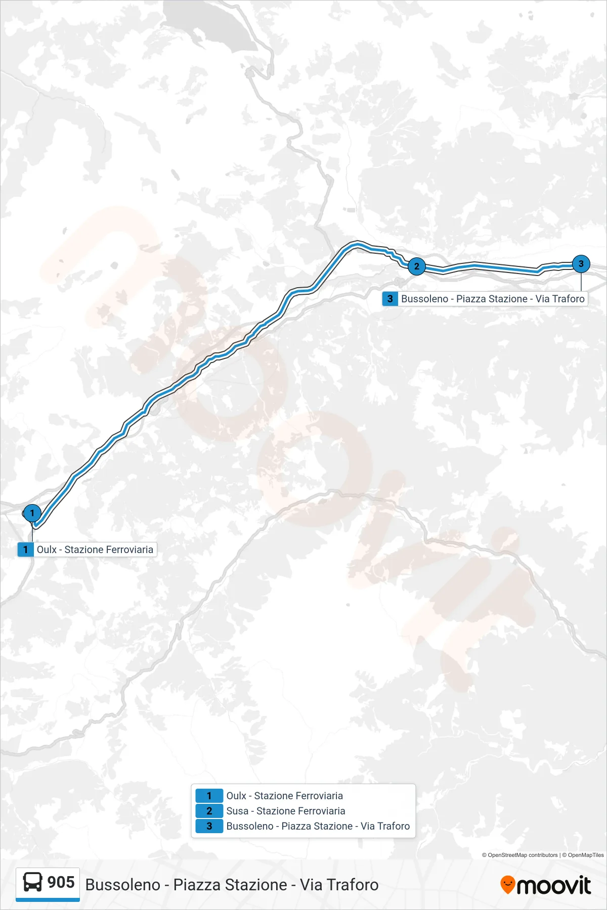 Linea 905 bus (Bussoleno - Piazza Stazione - Via Traforo) - Percorsi e fermate sulla mappa