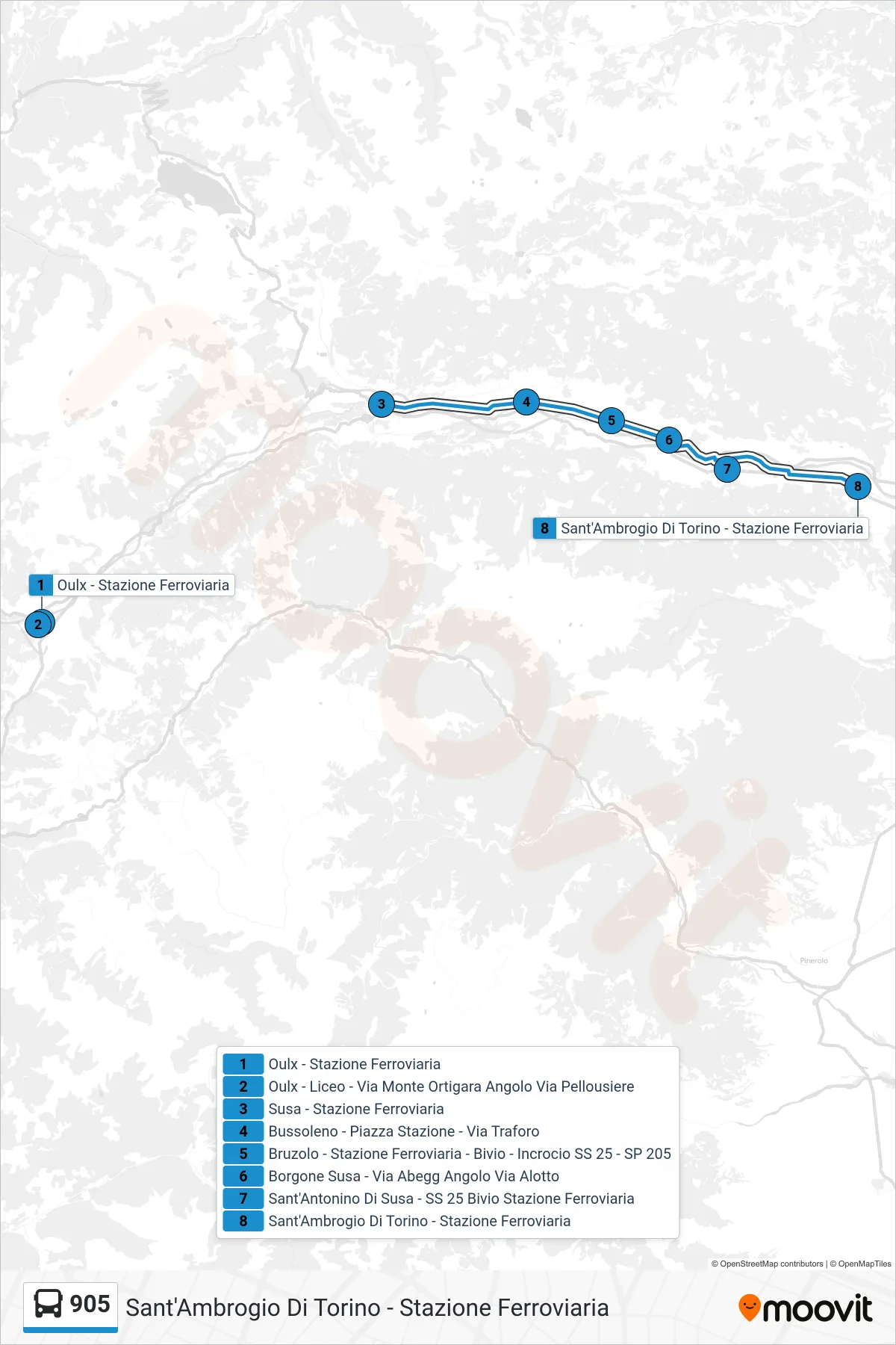 Linea 905  bus (Sant'Ambrogio Di Torino - Stazione Ferroviaria) - Percorsi e fermate sulla mappa