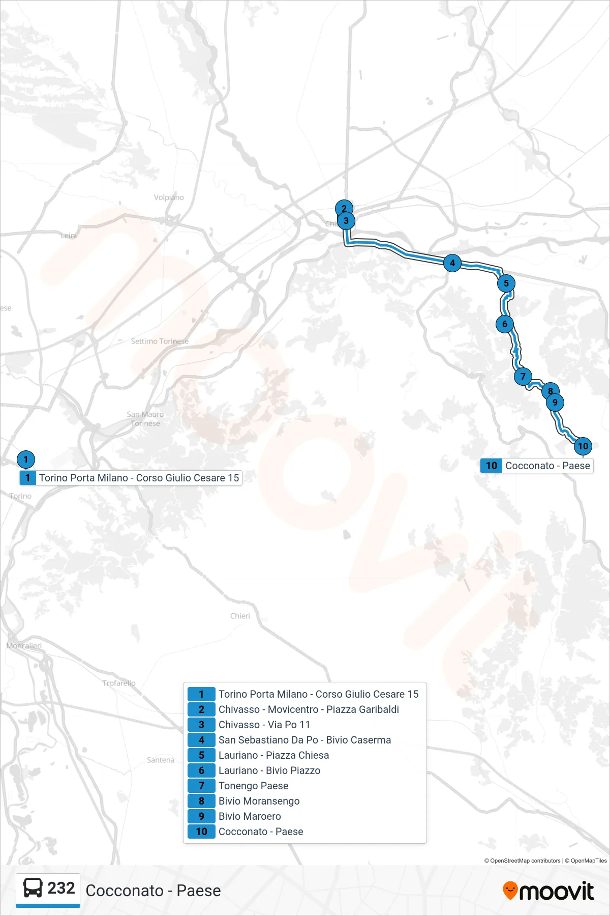 Linea 232  bus (Cocconato - Paese) - Percorsi e fermate sulla mappa