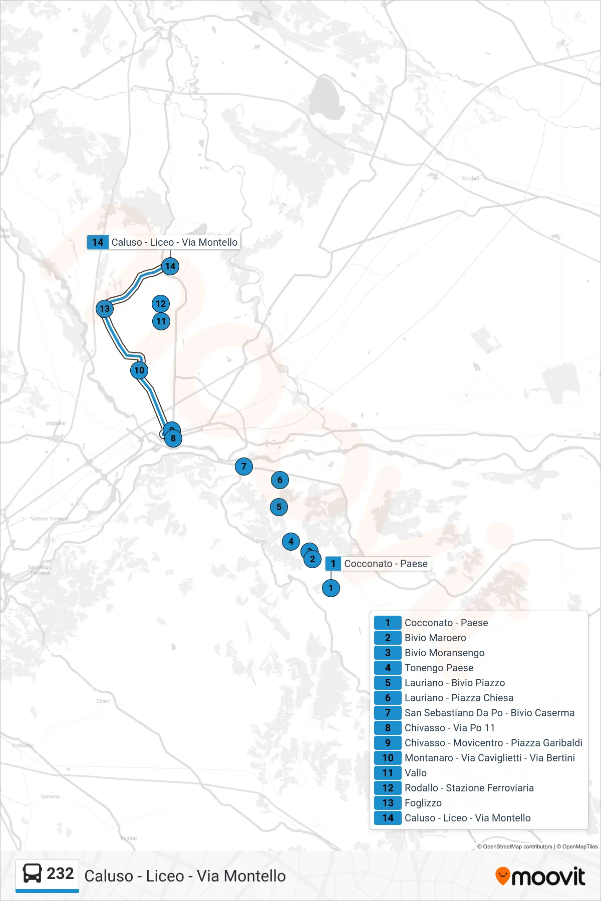 Linea 232 bus (Caluso - Liceo - Via Montello) - Percorsi e fermate sulla mappa