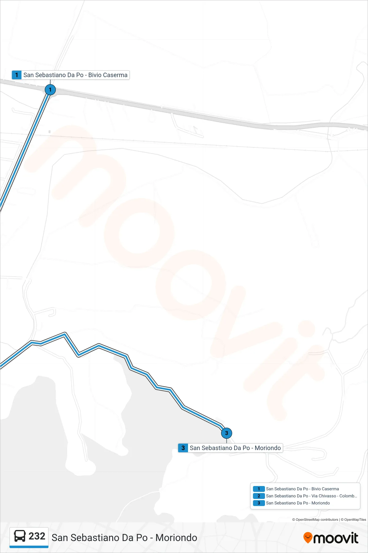 Linea 232 bus (San Sebastiano Da Po - Moriondo) - Percorsi e fermate sulla mappa