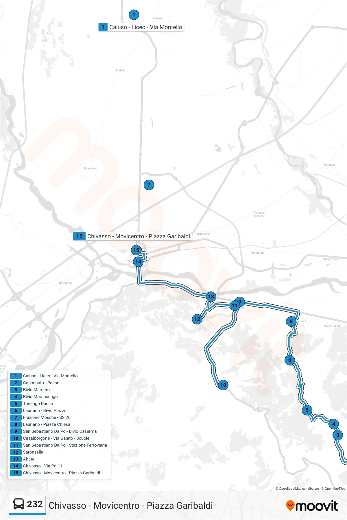 Linea 232 bus (Chivasso - Movicentro - Piazza Garibaldi) - Percorsi e fermate sulla mappa