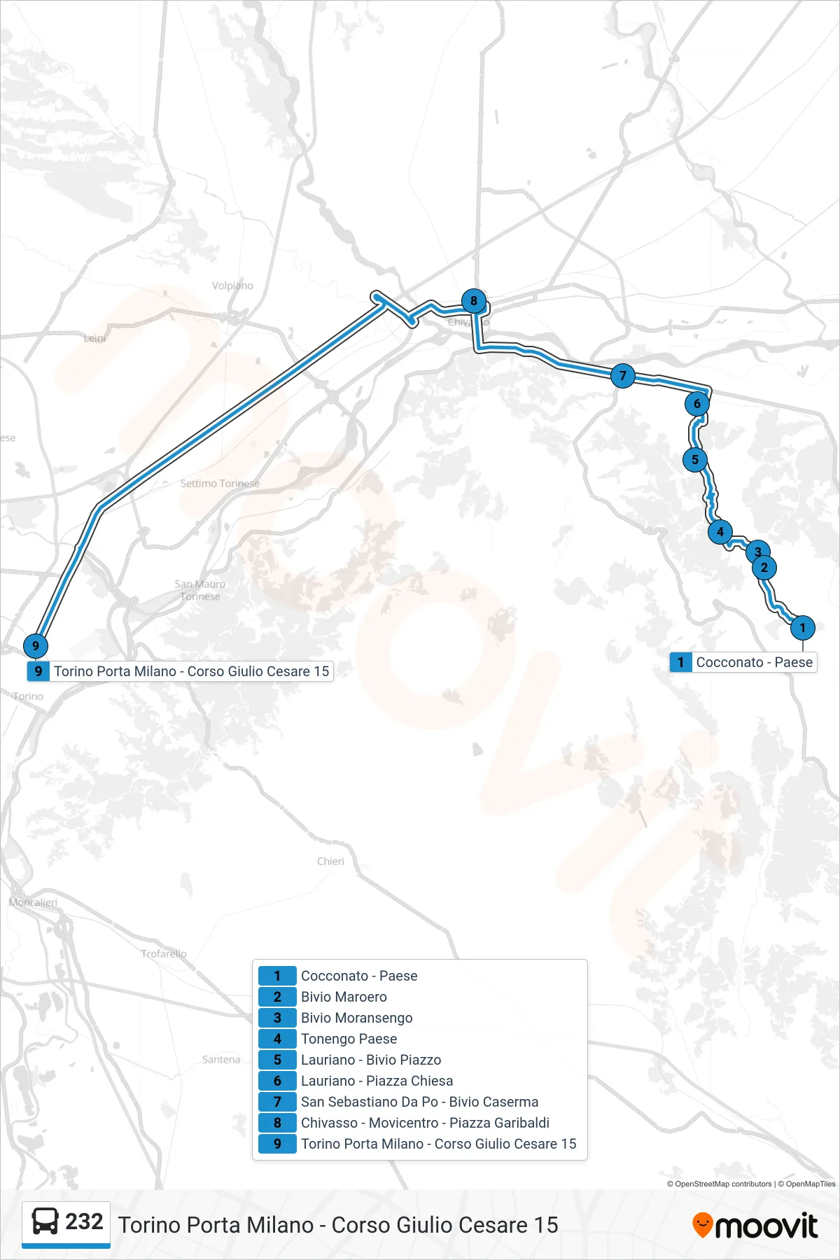 Linea 232 bus (Torino Porta Milano - Corso Giulio Cesare 15) - Percorsi e fermate sulla mappa