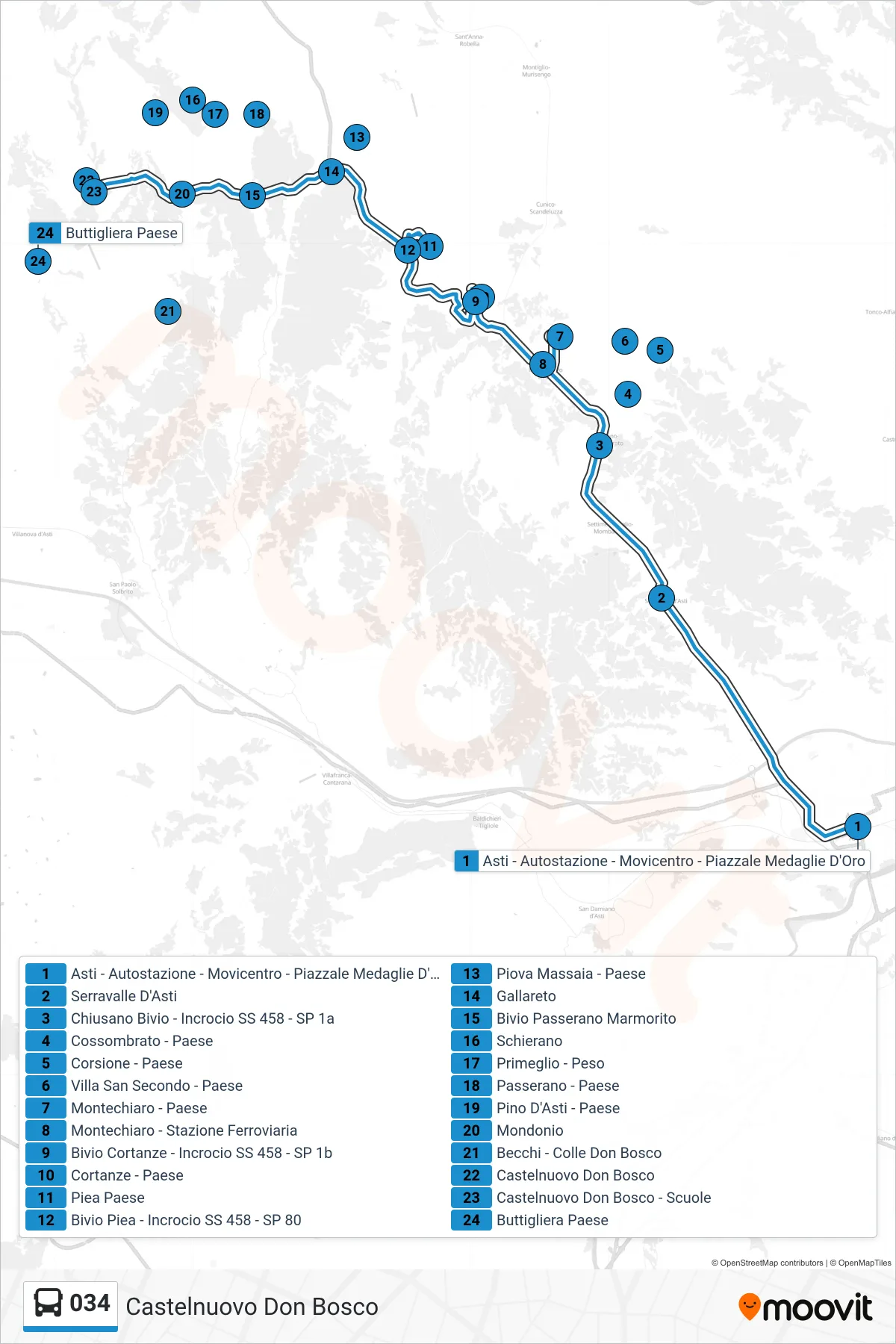 Linea 034  bus (Castelnuovo Don Bosco) - Percorsi e fermate sulla mappa
