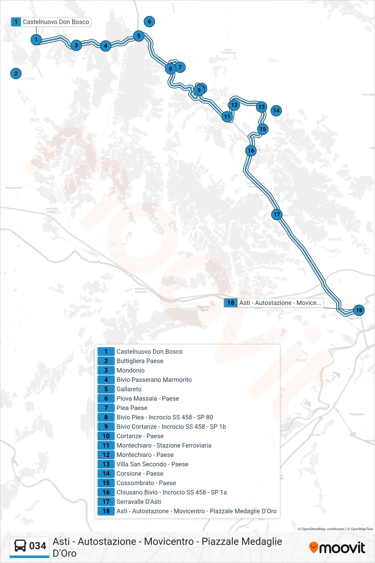 Linea 034  bus (Asti - Autostazione - Movicentro - Piazzale Medaglie D'Oro) - Percorsi e fermate sulla mappa