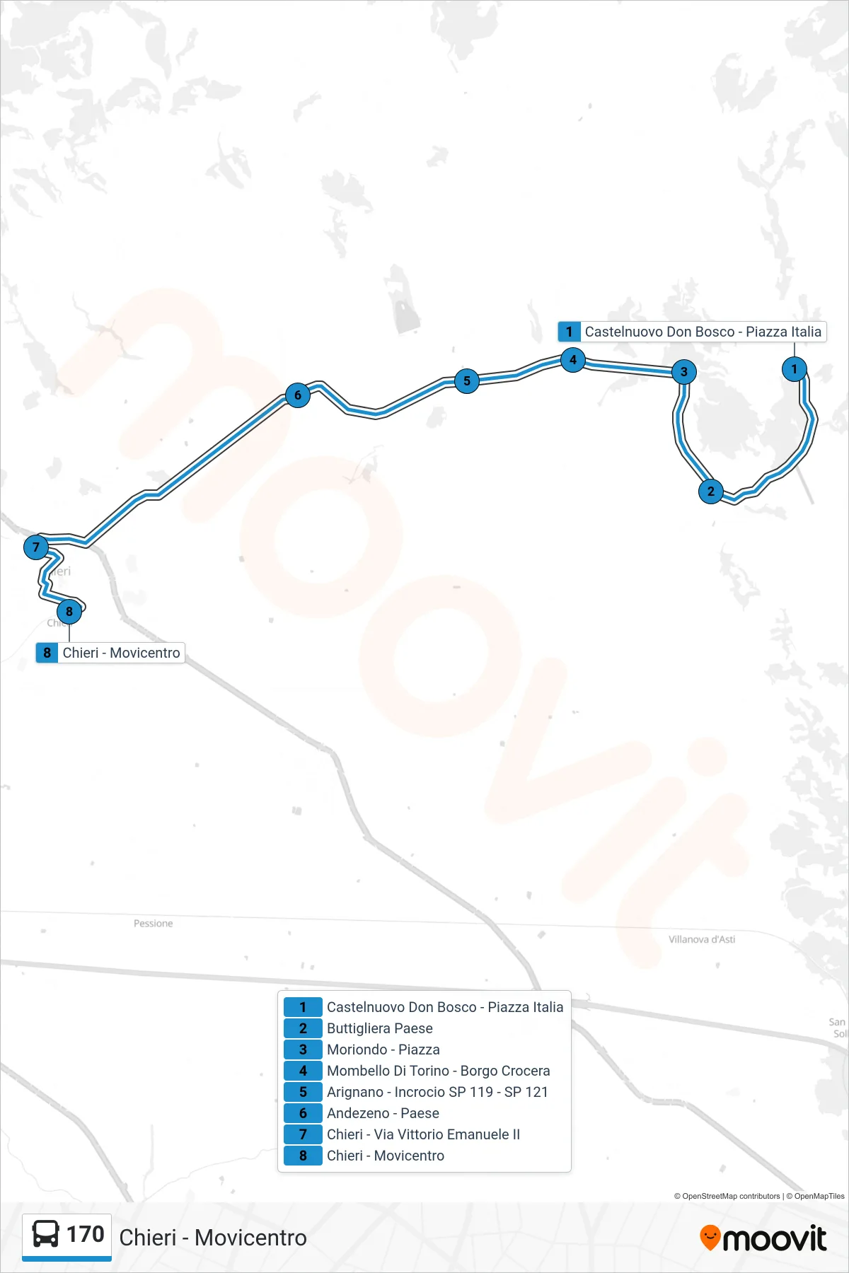 Linea 170 bus (Chieri - Movicentro) - Percorsi e fermate sulla mappa