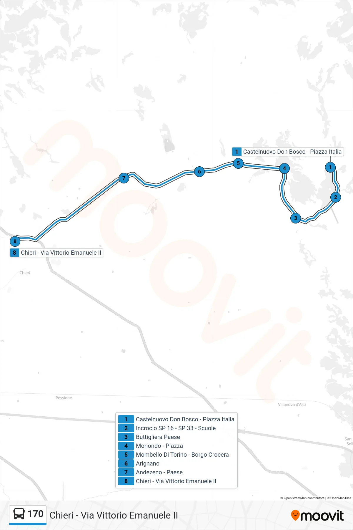 Linea 170 bus (Chieri - Via Vittorio Emanuele II) - Percorsi e fermate sulla mappa