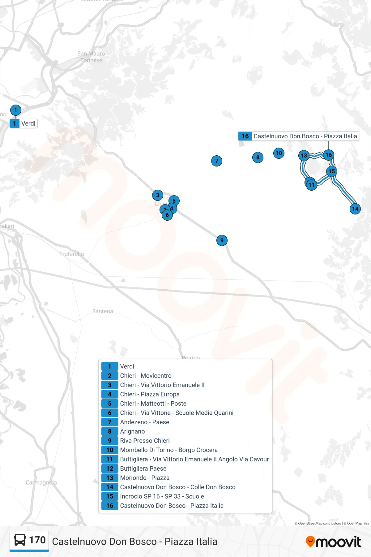 Linea 170 bus (Castelnuovo Don Bosco - Piazza Italia) - Percorsi e fermate sulla mappa