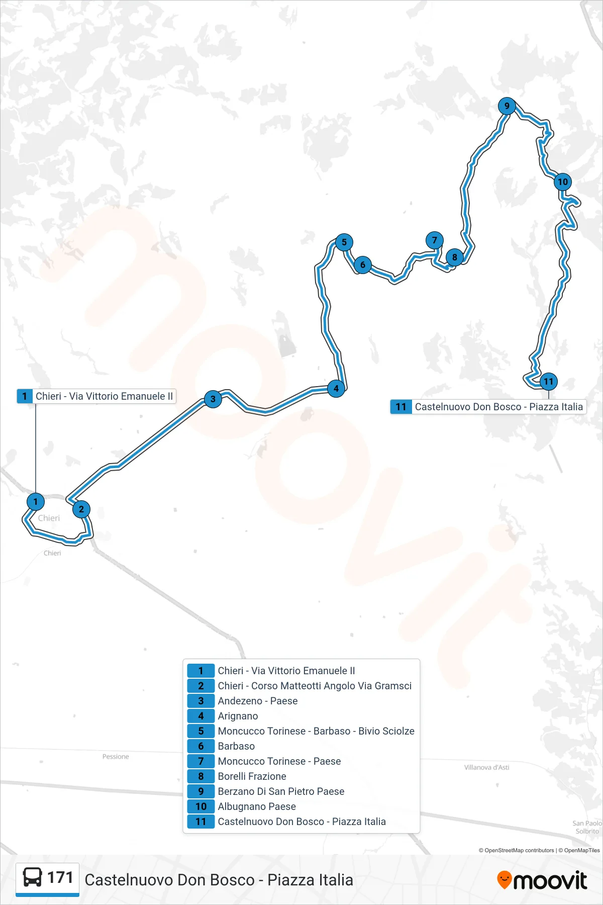 Linea 171  bus (Castelnuovo Don Bosco - Piazza Italia) - Percorsi e fermate sulla mappa