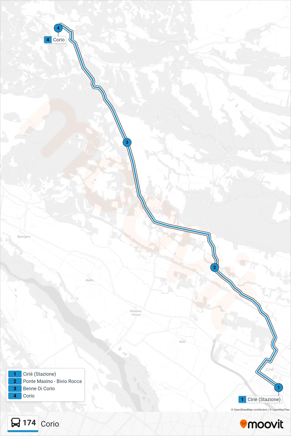 Linea 174  bus (Corio) - Percorsi e fermate sulla mappa