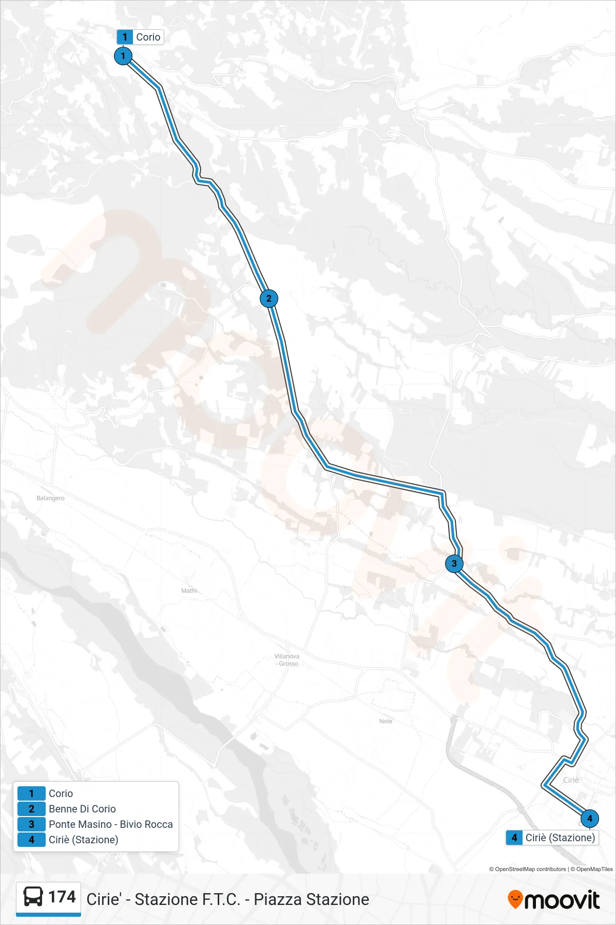 Linea 174 bus (Cirie' - Stazione F.T.C. - Piazza Stazione) - Percorsi e fermate sulla mappa