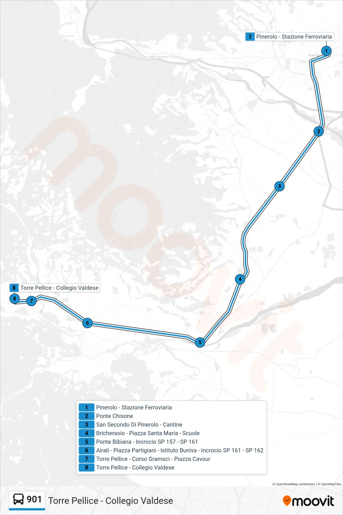Linea 901  bus (Torre Pellice - Collegio Valdese) - Percorsi e fermate sulla mappa