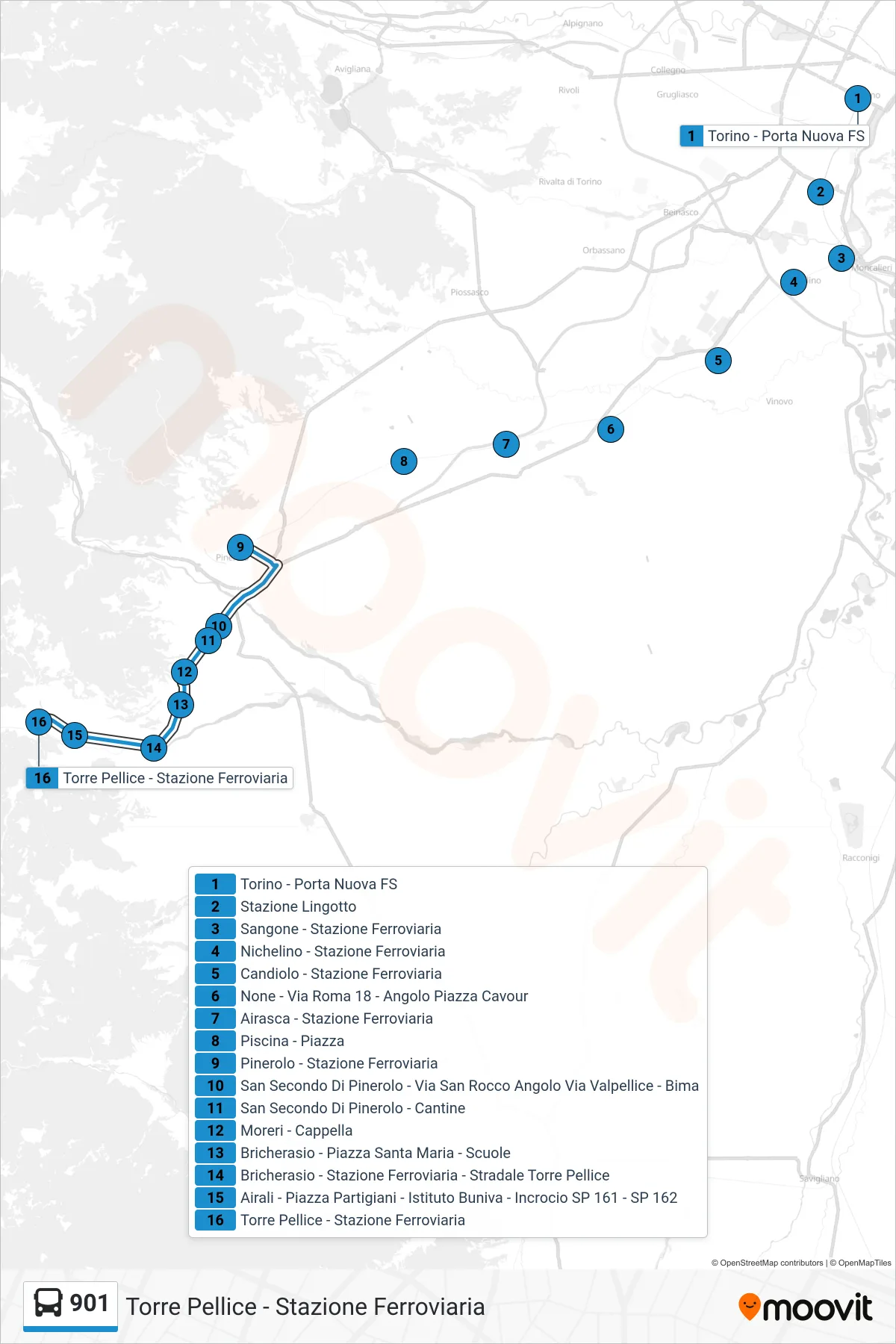 Linea 901  bus (Torre Pellice - Stazione Ferroviaria) - Percorsi e fermate sulla mappa