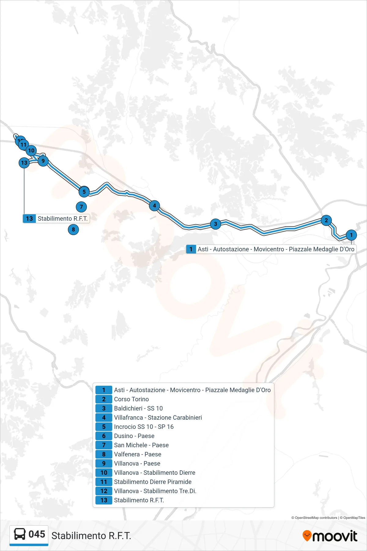 Linea 045  bus (Stabilimento R.F.T.) - Percorsi e fermate sulla mappa