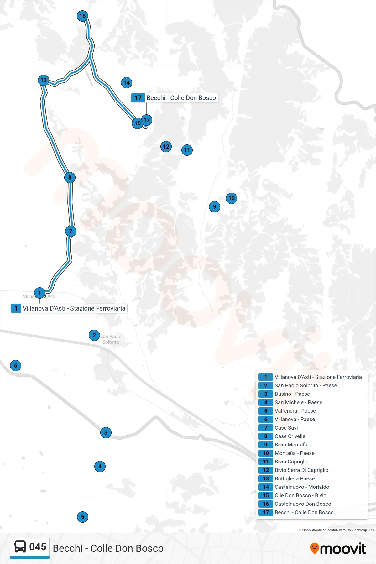 Linea 045  bus (Becchi - Colle Don Bosco) - Percorsi e fermate sulla mappa