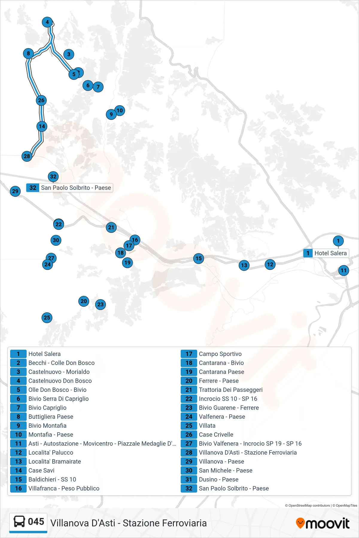 Linea 045 bus (Villanova D'Asti - Stazione Ferroviaria) - Percorsi e fermate sulla mappa