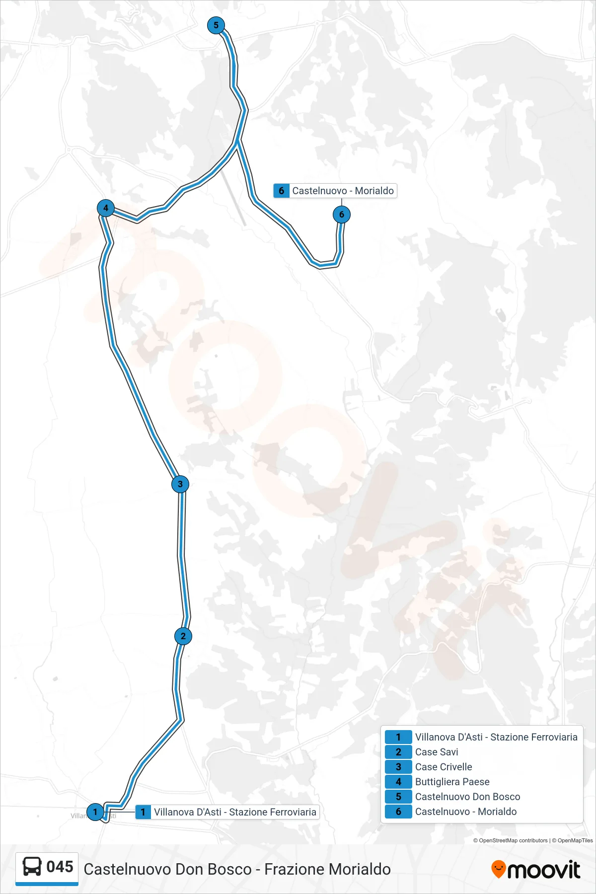 Linea 045  bus (Castelnuovo Don Bosco - Frazione Morialdo) - Percorsi e fermate sulla mappa
