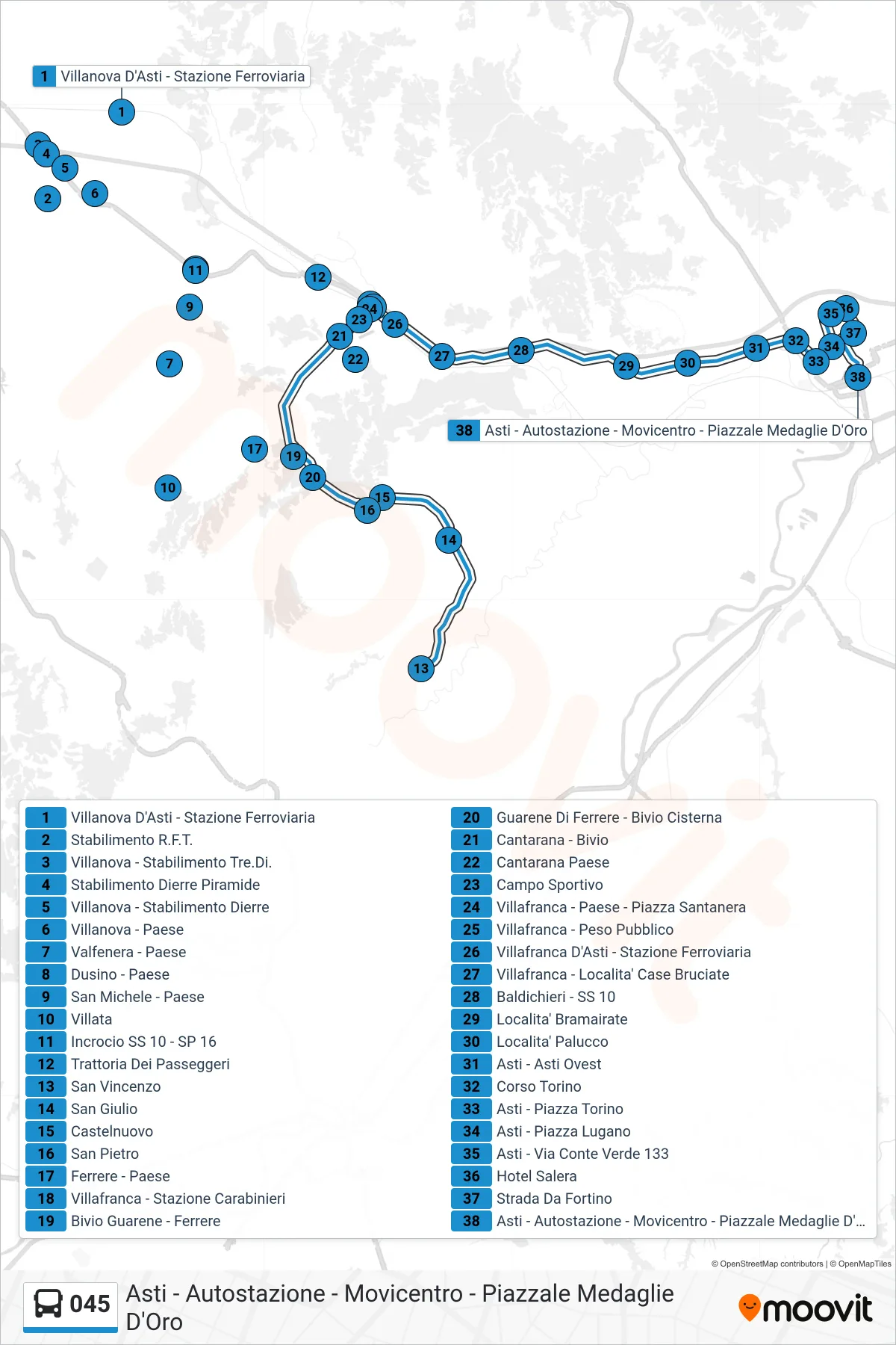 Linea 045 bus (Asti - Autostazione - Movicentro - Piazzale Medaglie D'Oro) - Percorsi e fermate sulla mappa