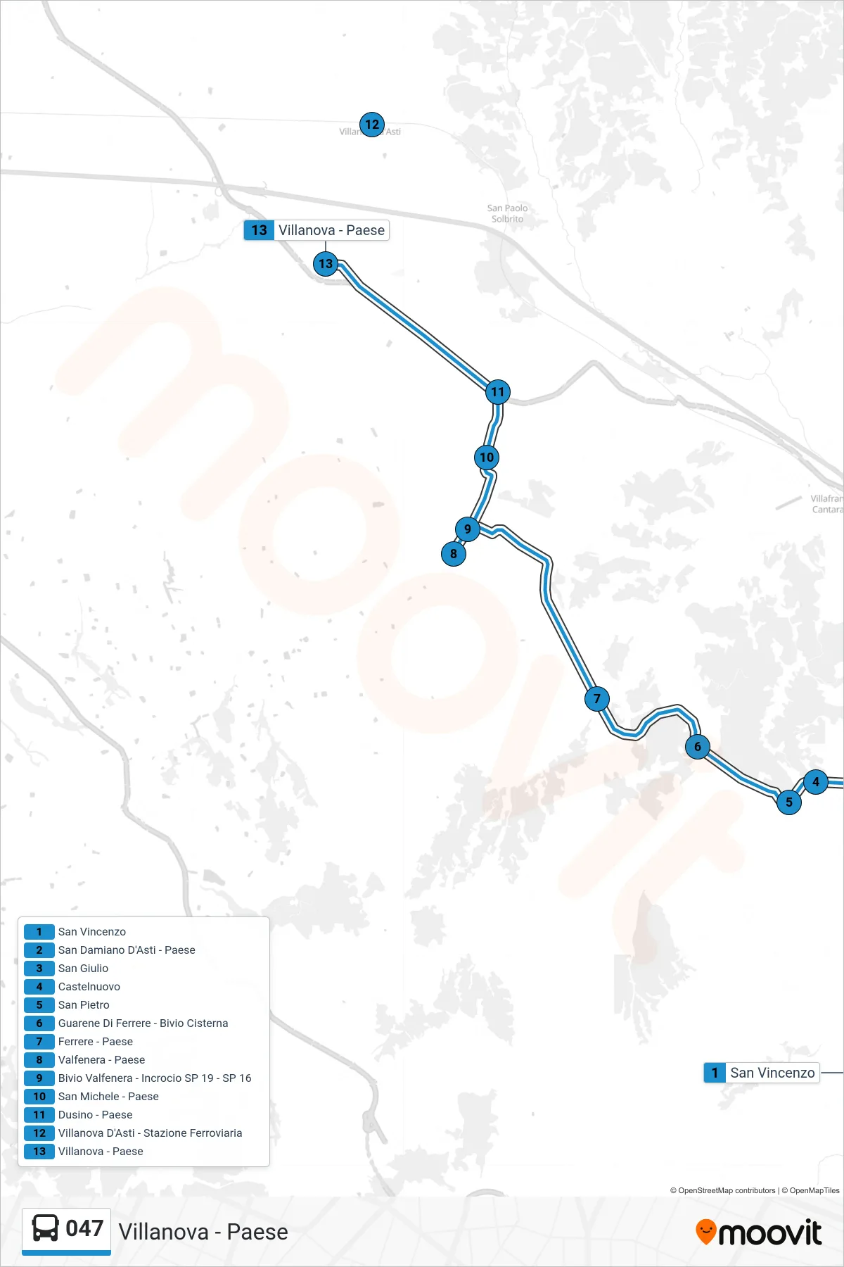 Linea 047  bus (Villanova - Paese) - Percorsi e fermate sulla mappa