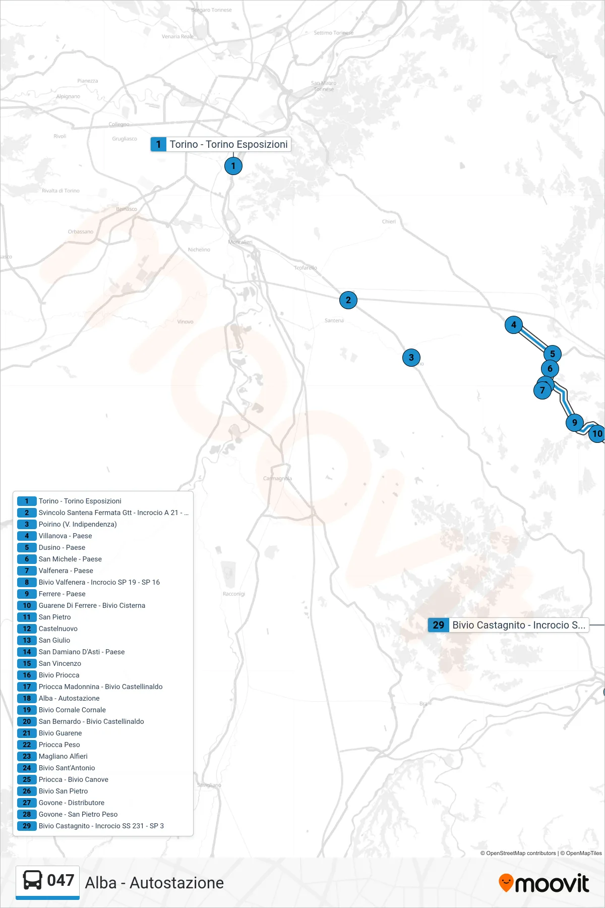 Linea 047  bus (Alba - Autostazione) - Percorsi e fermate sulla mappa