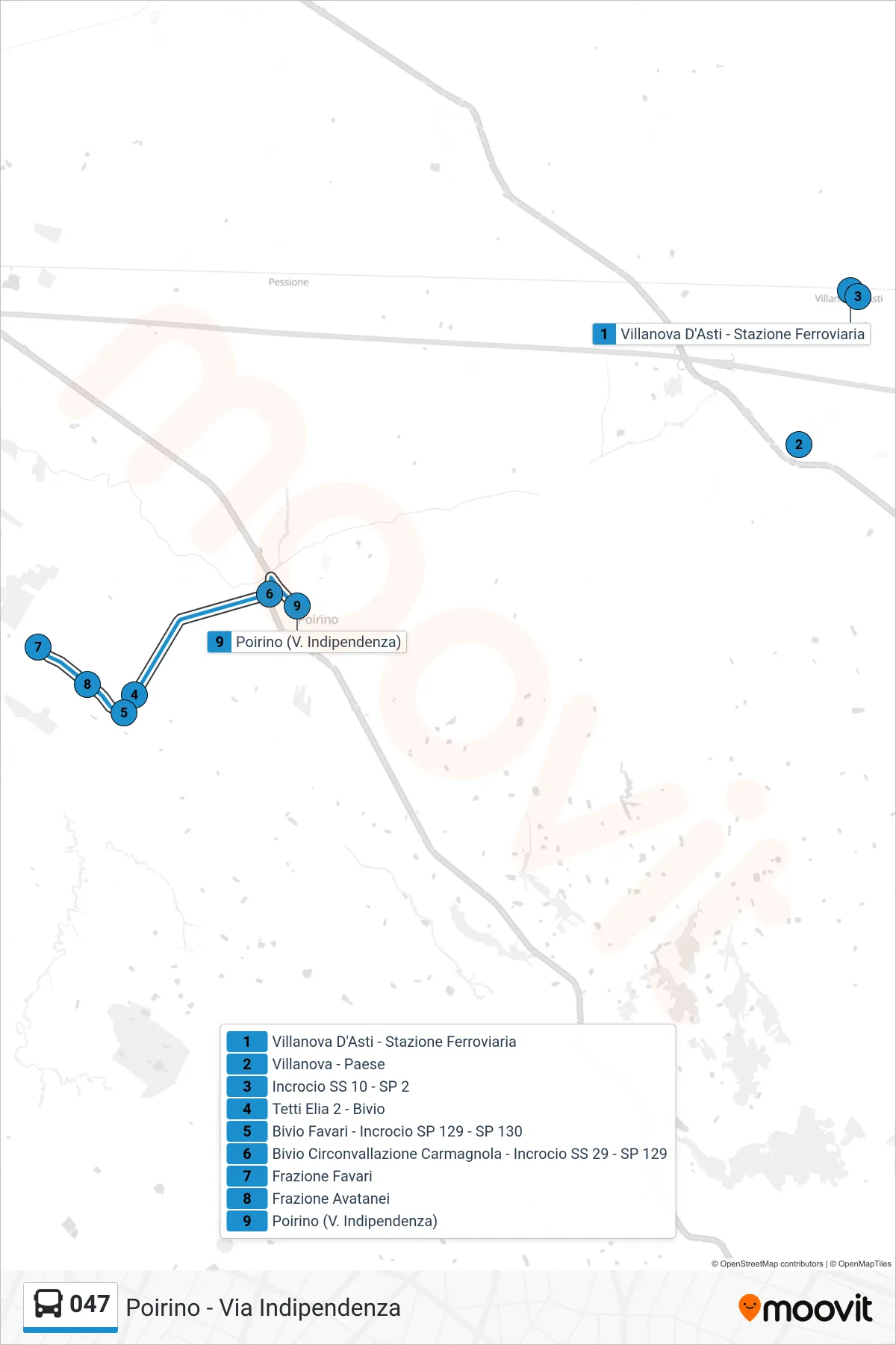 Linea 047 bus (Poirino - Via Indipendenza) - Percorsi e fermate sulla mappa