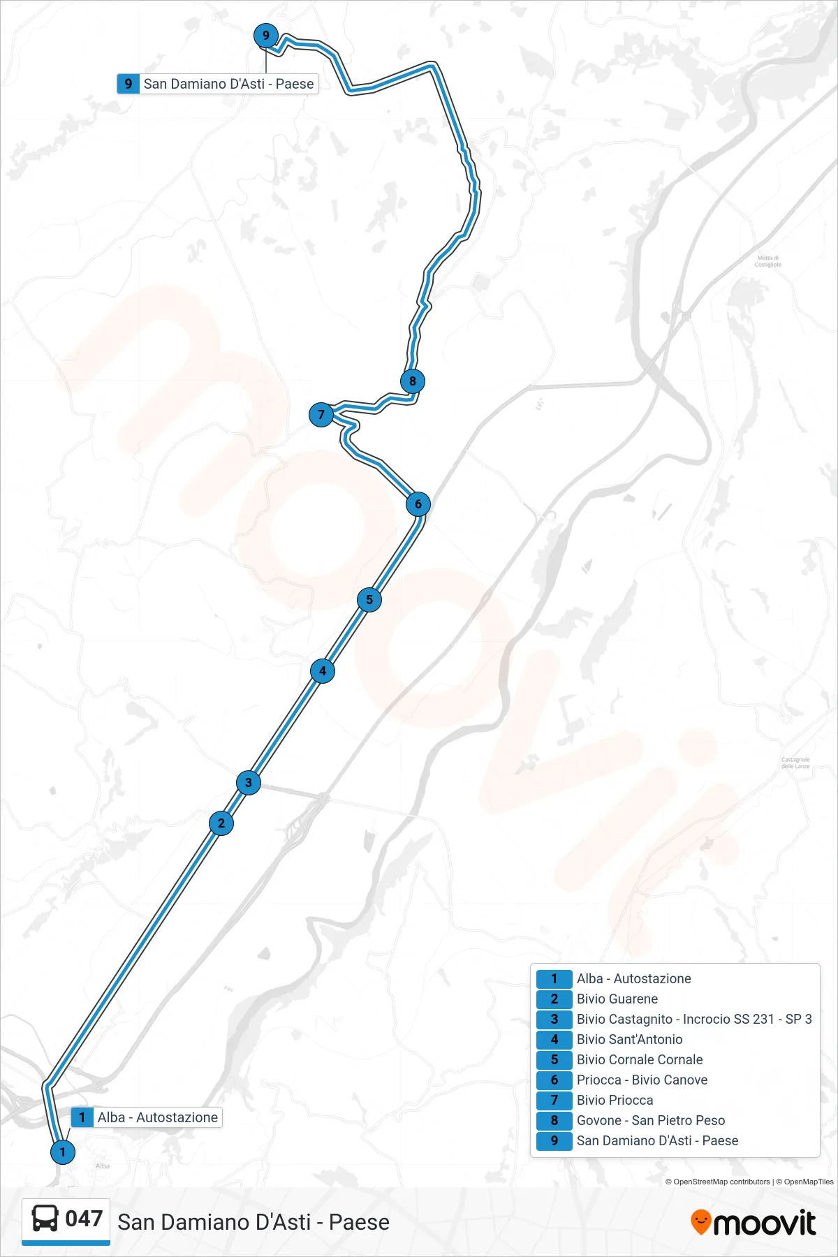 Linea 047  bus (San Damiano D'Asti - Paese) - Percorsi e fermate sulla mappa