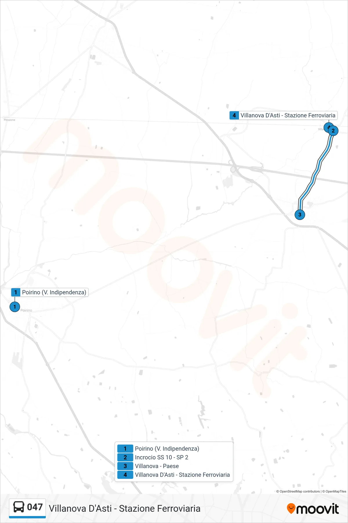 Linea 047  bus (Villanova D'Asti - Stazione Ferroviaria) - Percorsi e fermate sulla mappa