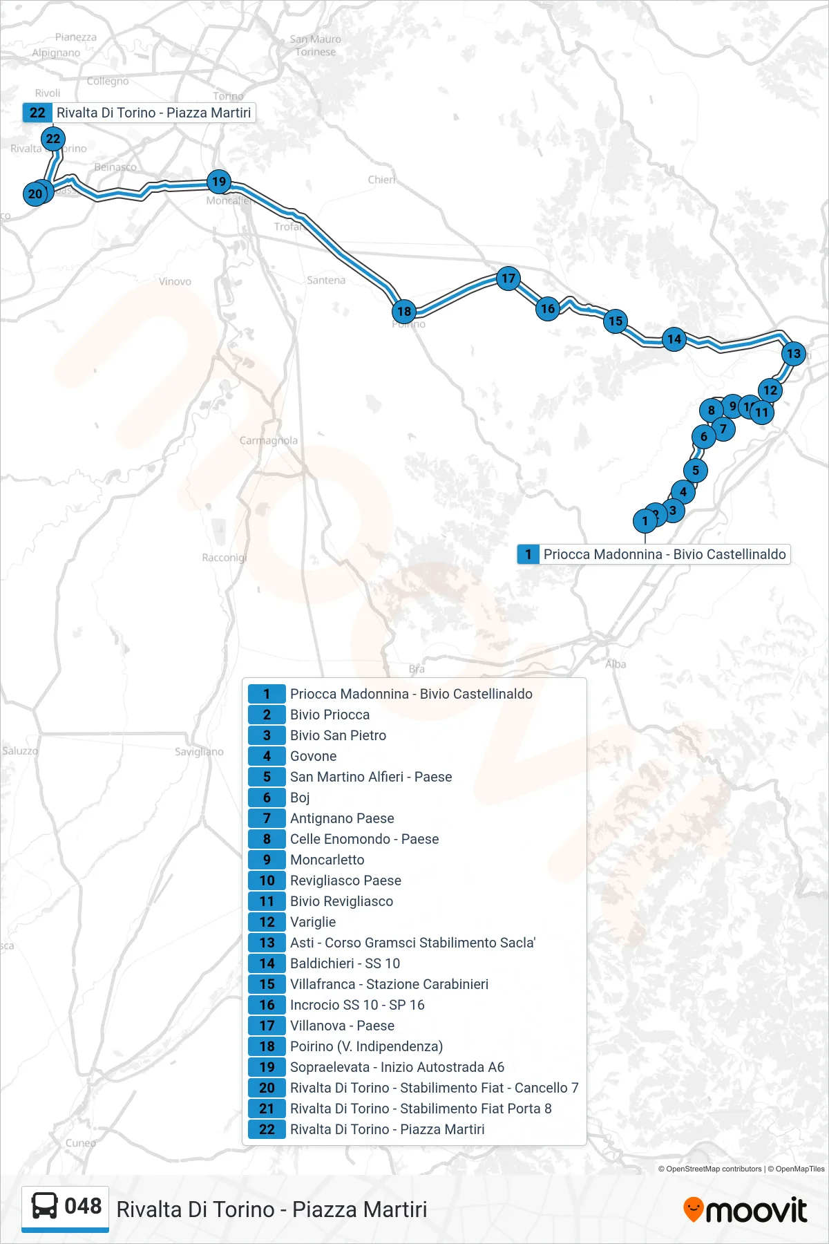 Linea 048 bus (Rivalta Di Torino - Piazza Martiri) - Percorsi e fermate sulla mappa