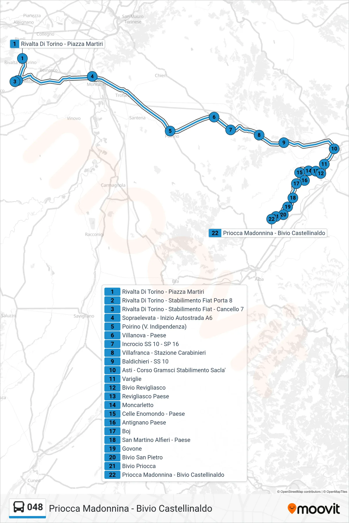 Linea 048  bus (Priocca Madonnina - Bivio Castellinaldo) - Percorsi e fermate sulla mappa