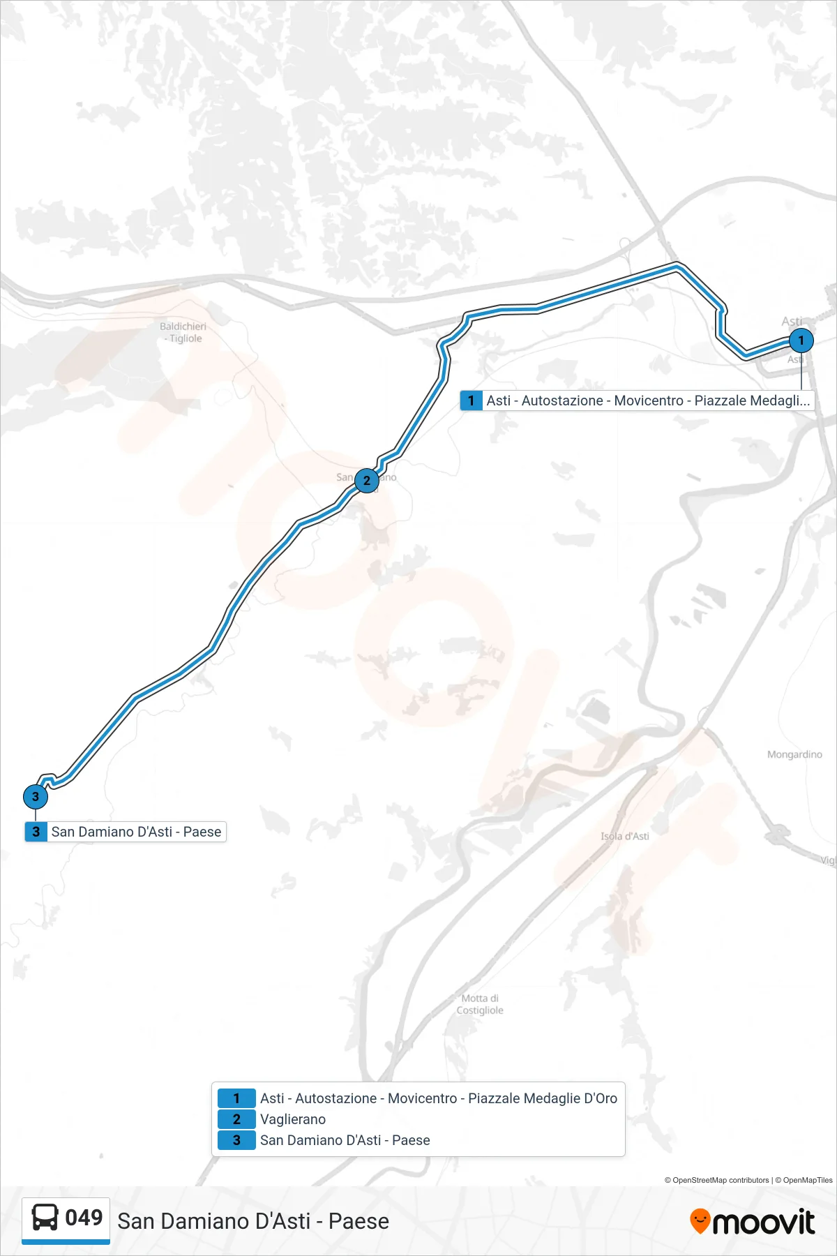 Linea 049 bus (San Damiano D'Asti - Paese) - Percorsi e fermate sulla mappa