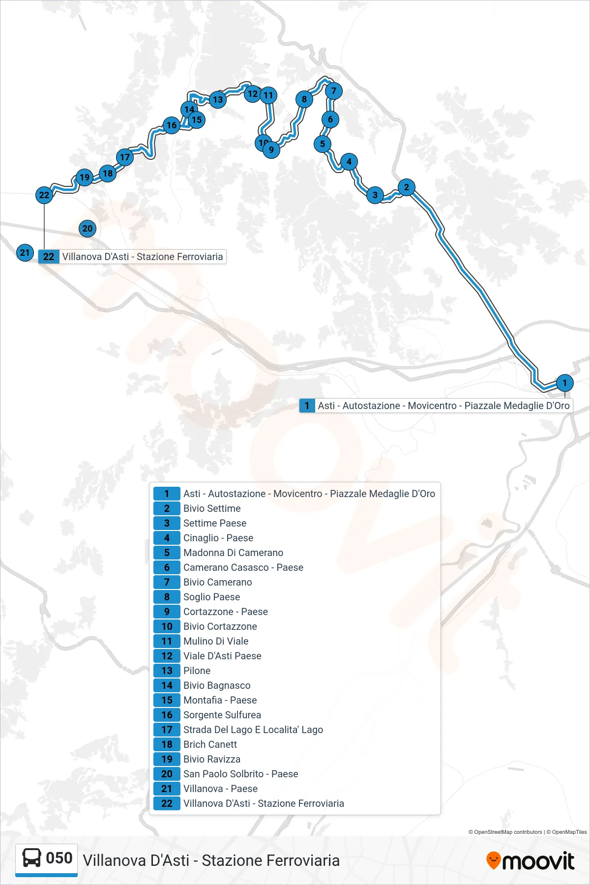 Linea 050 bus (Villanova D'Asti - Stazione Ferroviaria) - Percorsi e fermate sulla mappa