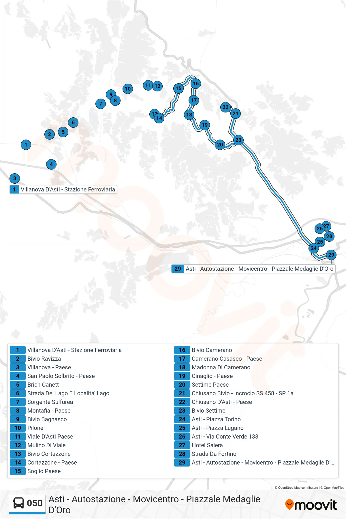 Linea 050  bus (Asti - Autostazione - Movicentro - Piazzale Medaglie D'Oro) - Percorsi e fermate sulla mappa