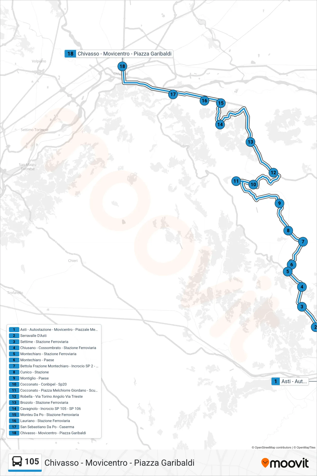 Linea 105 bus (Chivasso - Movicentro - Piazza Garibaldi) - Percorsi e fermate sulla mappa
