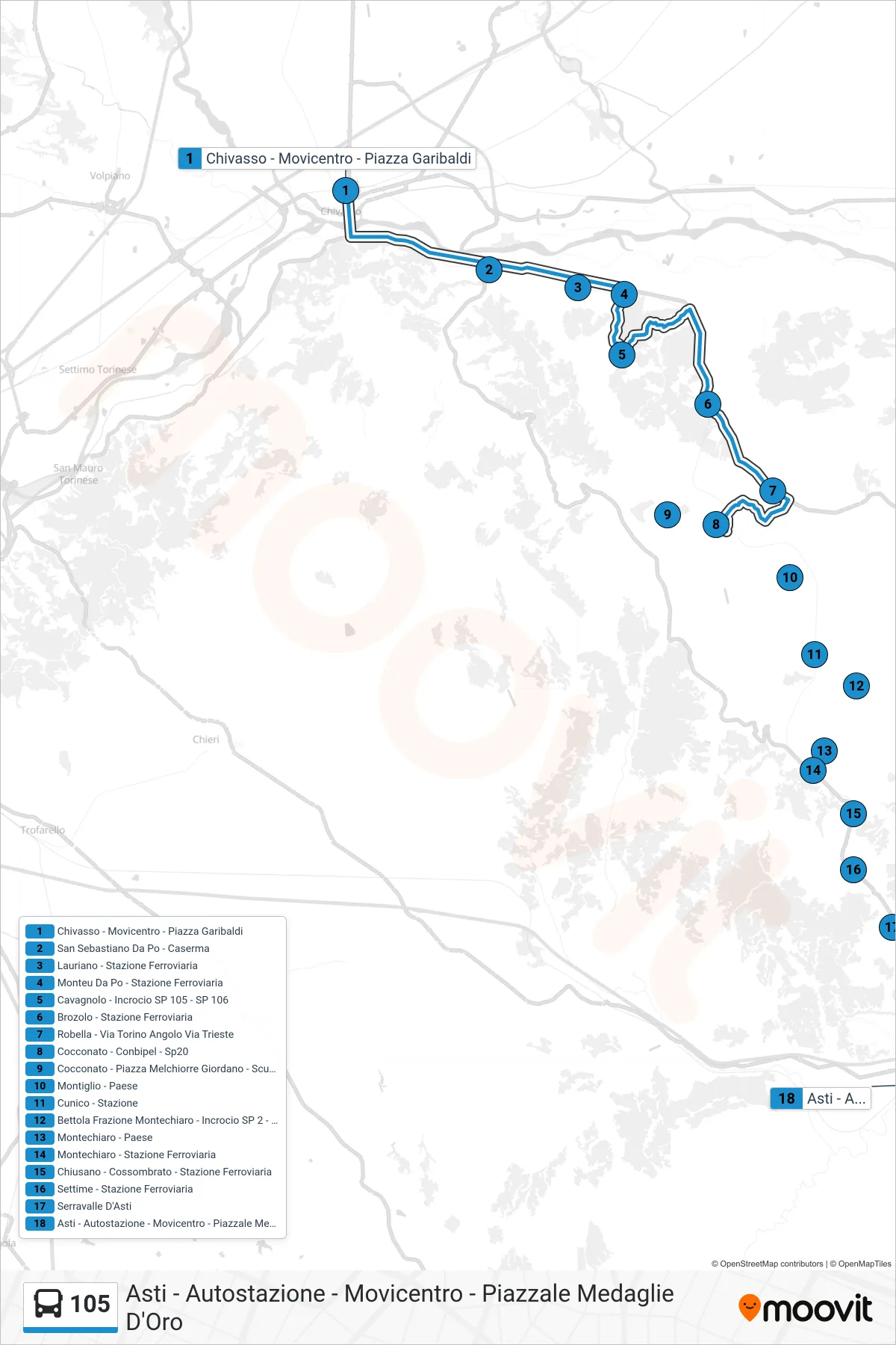 Linea 105 bus (Asti - Autostazione - Movicentro - Piazzale Medaglie D'Oro) - Percorsi e fermate sulla mappa