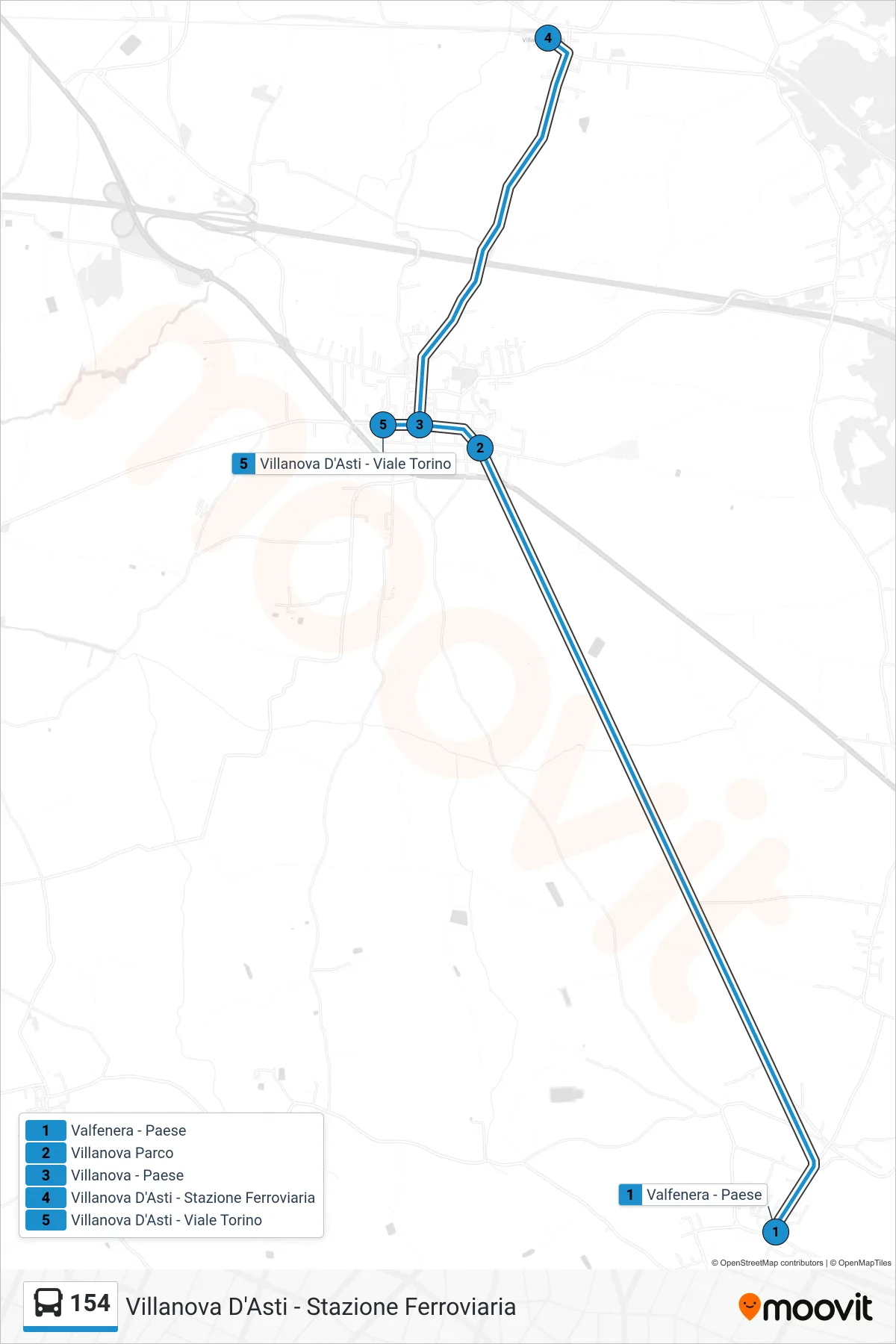Linea 154 bus (Villanova D'Asti - Stazione Ferroviaria) - Percorsi e fermate sulla mappa