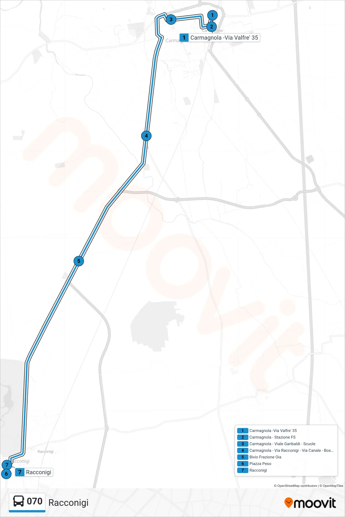 Linea 070  bus (Racconigi) - Percorsi e fermate sulla mappa