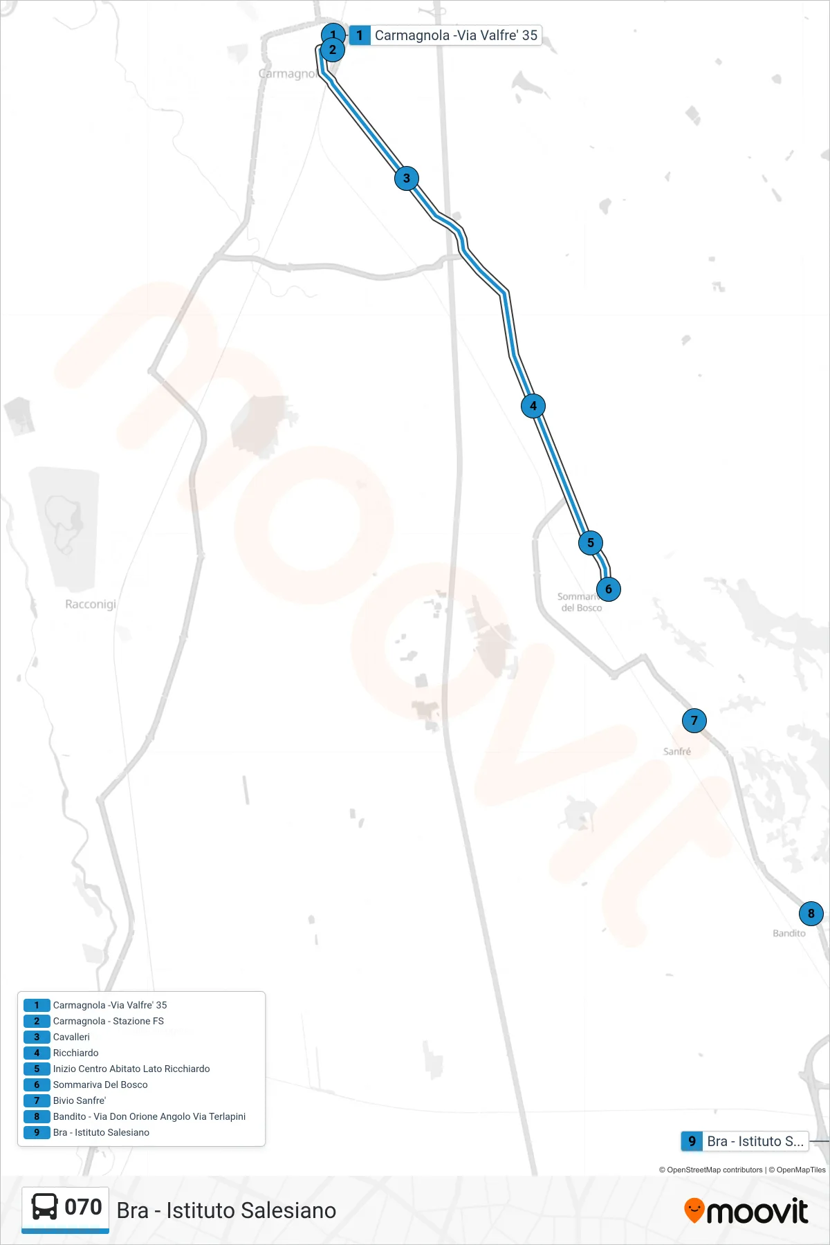 Linea 070 bus (Bra - Istituto Salesiano) - Percorsi e fermate sulla mappa